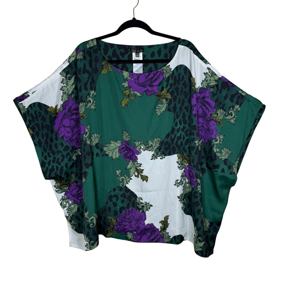 Iman Global Chic Reversible Poncho Top Green Leopard Floral Purple Rose XL/1X - Picture 2 of 7